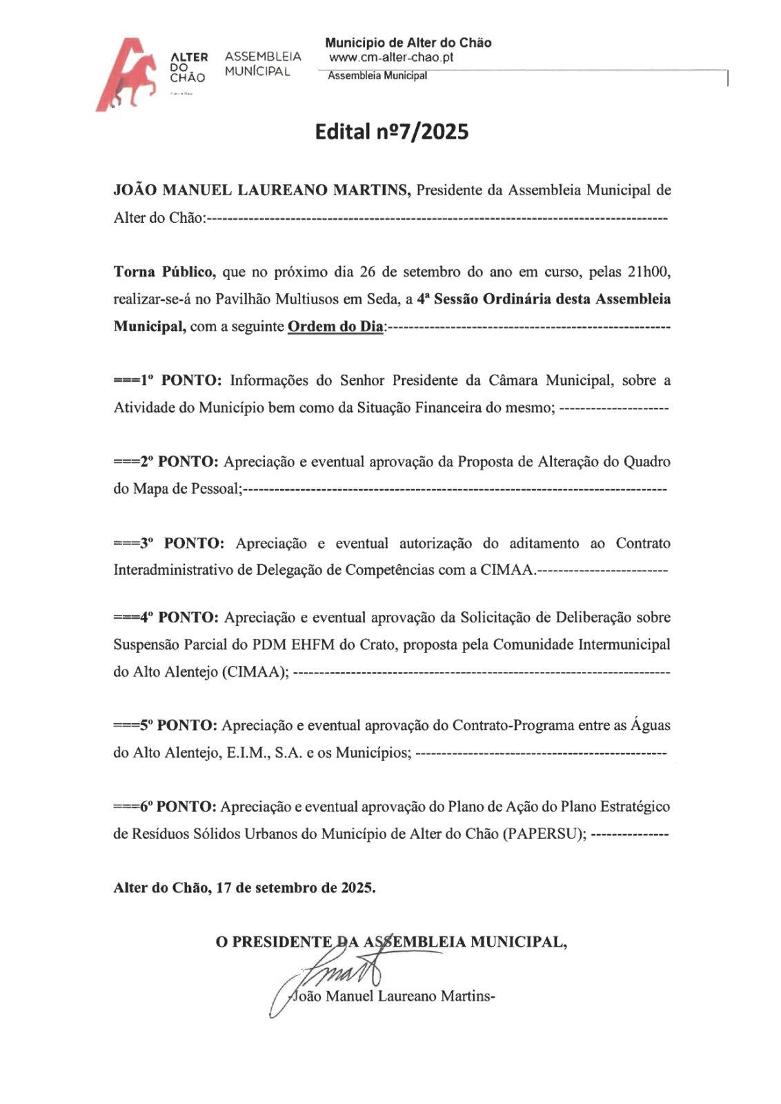Edital nº7/2025 4º Sessão Ordinária da Assembleia Municipal. Dia 27 de junho, pelas 21h00, no Salão da Junta de Freguesia em Chancelaria