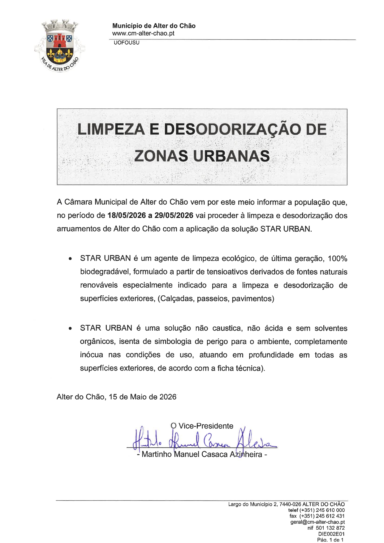 Aviso - Limpeza e Desodorização de Zonas Urbanas