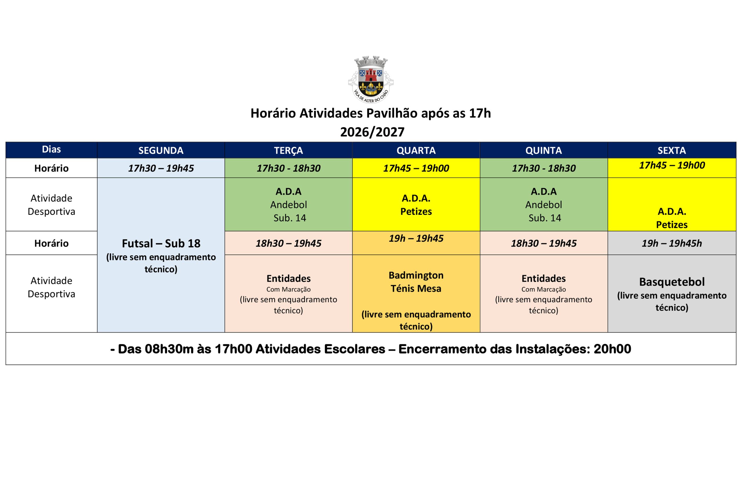 Horário Atividades Pavilhão 2025 e 2026